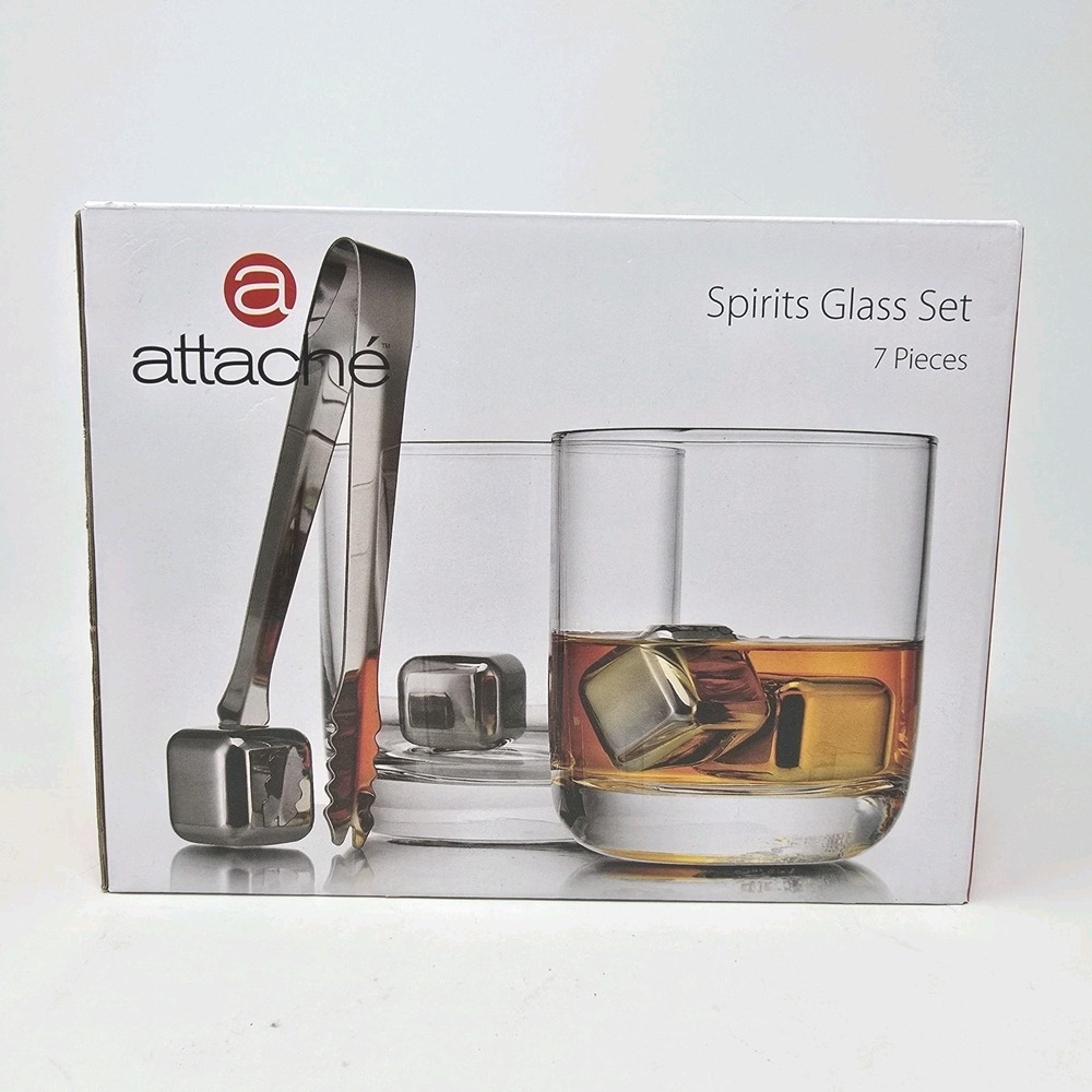 Attache 7 Piece Spirit Glass Gift Set Stainless Steel Cubes Tongs New